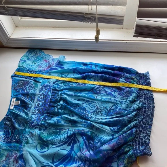 Y2K DressBarn Blue Abstract Paisley Blouse Smocked Hem Flutter Sleeve - Picture 12 of 14